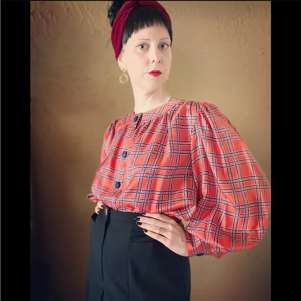 VTG 70’s YSL Saint Laurent Rive Gauche Red Plaid Blouse - Picture 4 of 10